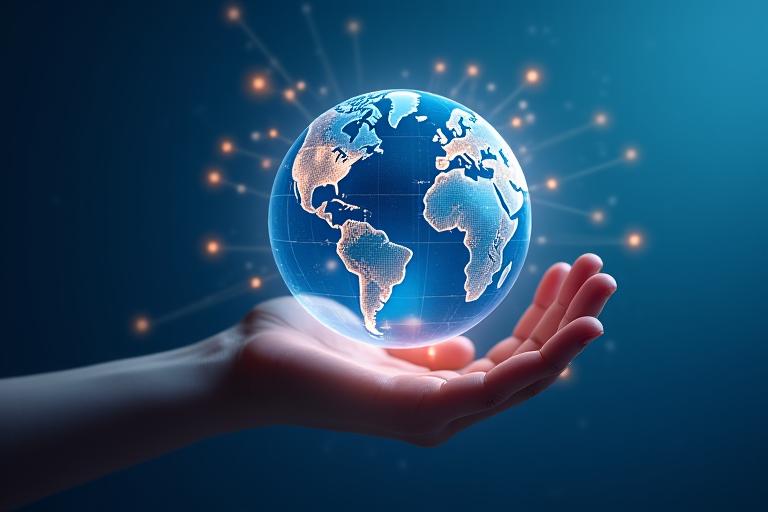 Une main tendue vers un globe terrestre stylisé, traversé par des lignes de connexion lumineuses symbolisant l'accès aux réseaux et aux opportunités de financement mondiales.