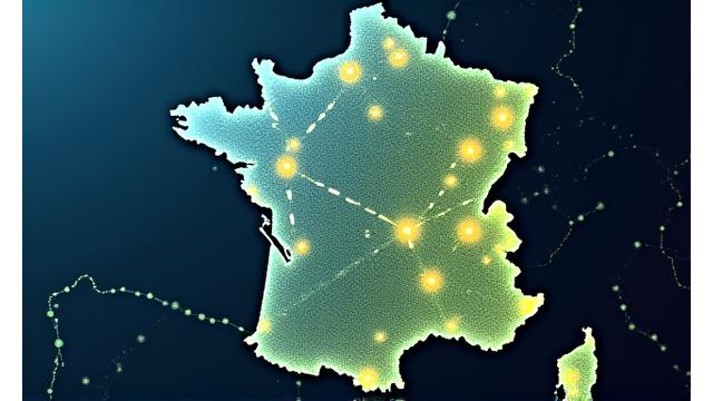 Illustration d'une carte stylisée de la France, mettant en évidence les centres d'innovation et les écosystèmes industriels dédiés à la transition énergétique. Des points lumineux et des connexions visuelles représentent la répartition des financements nationaux (ADEME, BPI). L'image véhicule un sentiment de dynamisme et de réseau en utilisant des teintes de bleu (primaire #004080) et de vert, avec un accent subtil de jaune (accent #f5a623) pour les pôles d'activité.