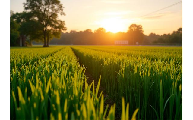 Champ agricole dynamique et luxuriant avec des pratiques d'agro-écologie visibles. Des cultures en bandes, des haies le long des parcelles, des panneaux solaires de petite taille intégrés en arrière-plan et des instruments de surveillance intelligents du sol sont représentés. L'ambiance est naturelle et prospère, avec une lumière du soleil douce. Les couleurs sont dominées par les verts naturels et les marrons terreux, agrémentés de touches de bleu ciel reflétant la nature et l'innovation durable.