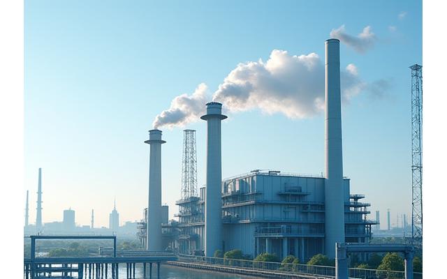 Vue d'une usine moderne avec des panaches de vapeur non polluante s'échappant de cheminées, symbolisant la décarbonation industrielle. Le bâtiment est épuré, avec des matériaux durables et des panneaux solaires visibles. Le ciel est clair et lumineux, renforçant l'idée d'un environnement propre. L'image, de style photoréaliste, utilise des couleurs sobres et professionnelles (principalement le primary blue et le secondary dark) pour accentuer l'innovation et l'engagement environnemental.