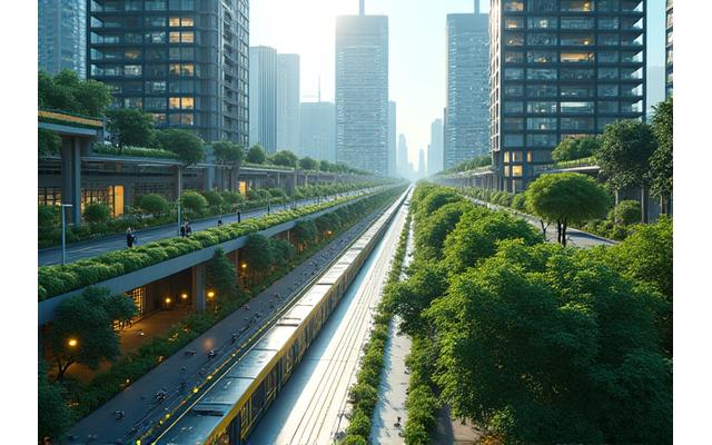 Perspective aérienne d'une ville moderne et durable. Des bâtiments intelligents avec des toits végétalisés, des infrastructures de transport vertes (vélos, tramways électriques) et des parcs urbains luxuriants sont visibles. Des données numériques superposées visuellement et des lignes lumineuses (comme des connexions de données) représentent un réseau intelligent et une mobilité urbaine optimisée. Les couleurs sont vives mais apaisantes, avec des verts et des bleus dominants, et quelques touches d'accent jaune pour l'innovation.