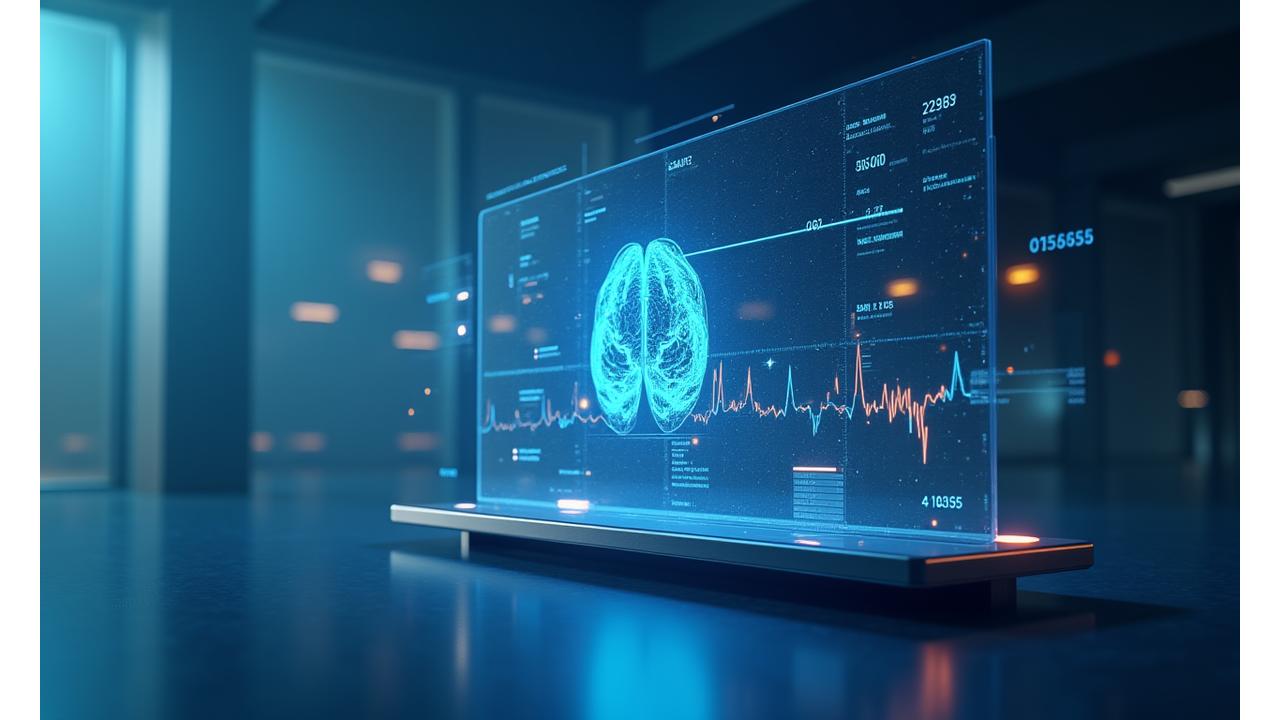 Une interface numérique futuriste combinant des éléments de diagnostic médical (scans, données patients) avec des représentations visuelles de l'intelligence artificielle (graphes neuronaux, algorithmes). L'image reflète l'intégration de la tech et de la santé, avec une ambiance innovante et précise.