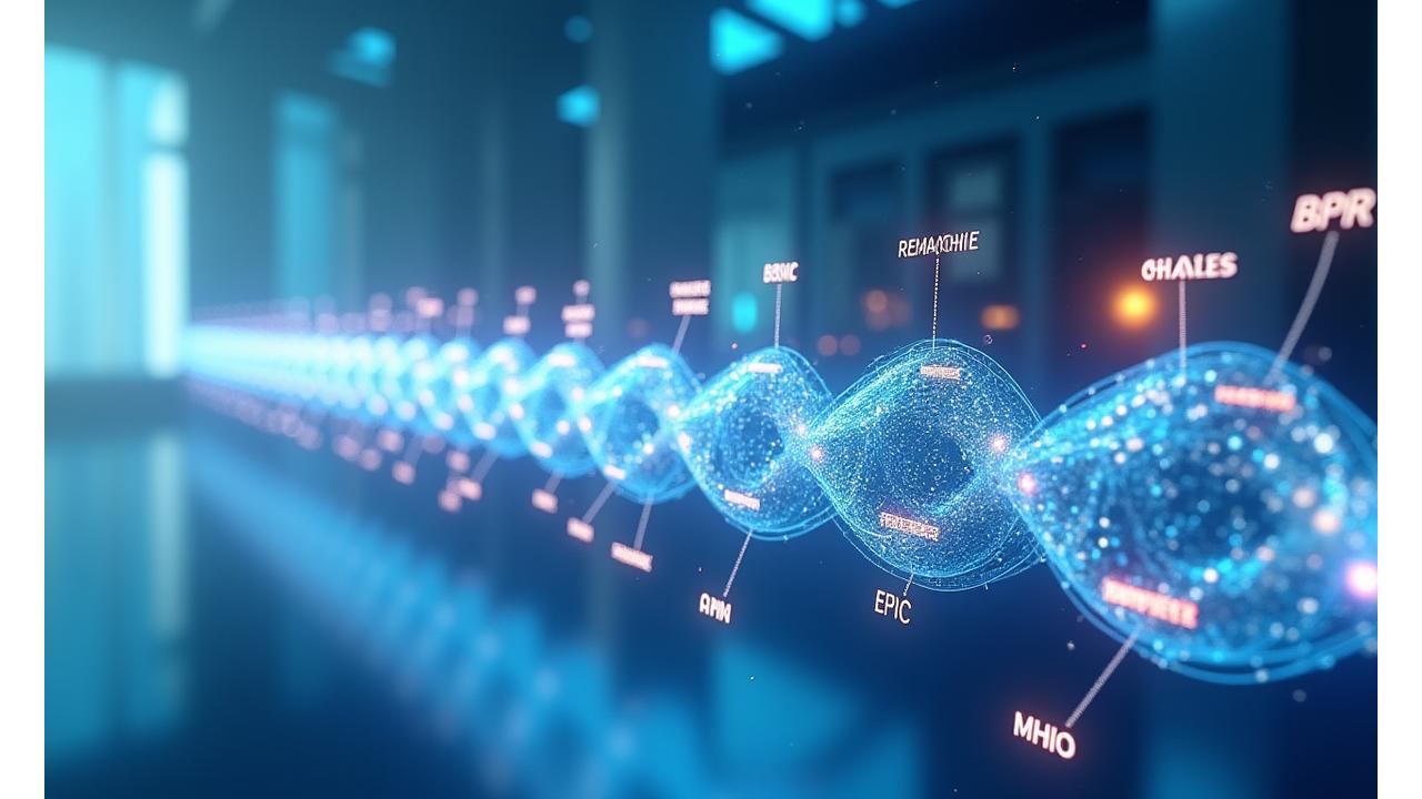 Un schéma complexe et lumineux représentant le pipeline d'innovation en santé, avec des flèches traversant les étapes de recherche, développement clinique et market access, et des icônes de financement public symbolisant les différentes sources de capital.
