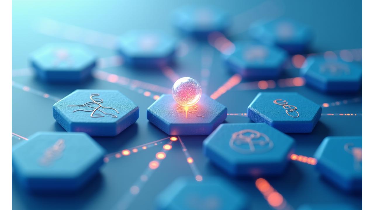Une illustration graphique d'un cerveau stylisé et d'une double hélice ADN, avec des icônes représentant différents domaines médicaux comme l'oncologie, la neurologie, les maladies rares. Un nuage de tags de financement flotte autour, connectant ces domaines aux sources de capital.
