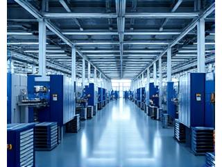 Usine moderne avec des lignes de production automatisées symbolisant l'industrie 4.0 et l'intégration européenne.
