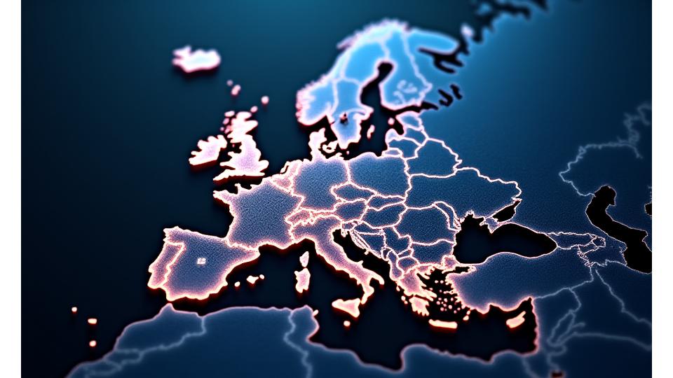 Visualisation d'un réseau complexe interconnecté de points lumineux sur une carte de l'Europe stylisée, symbolisant les partenariats et les flux d'informations.