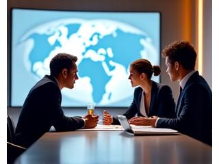 Professionnels en réunion autour d'une table avec une carte de l'Europe, symbolisant la collaboration transfrontalière dans les services.