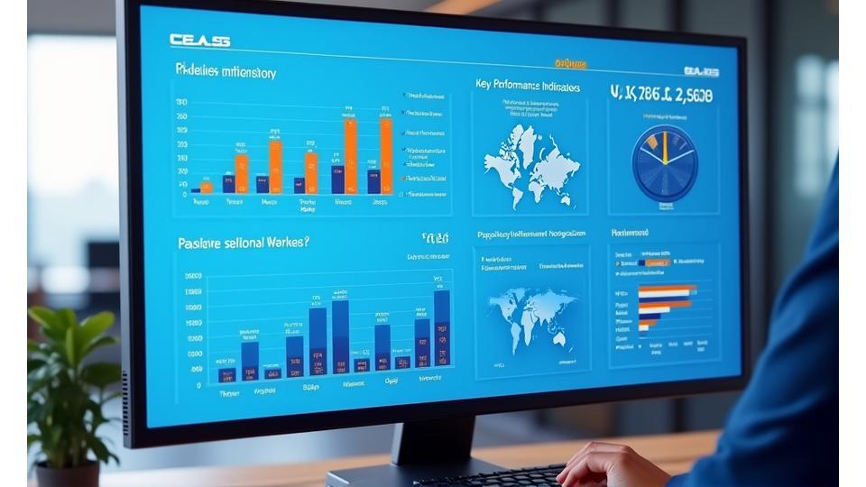 Tableau de bord de performance avec des graphiques de croissance positive, des indicateurs clés de succès (KPI) d'internationalisation et des chiffres importants.