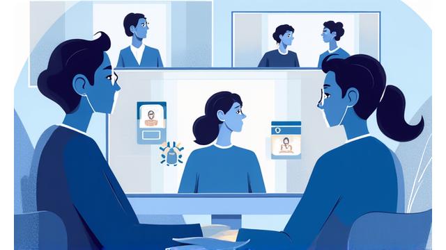 Dames et Messieurs lors d'un webinaire en ligne, avec des icônes de connexion.