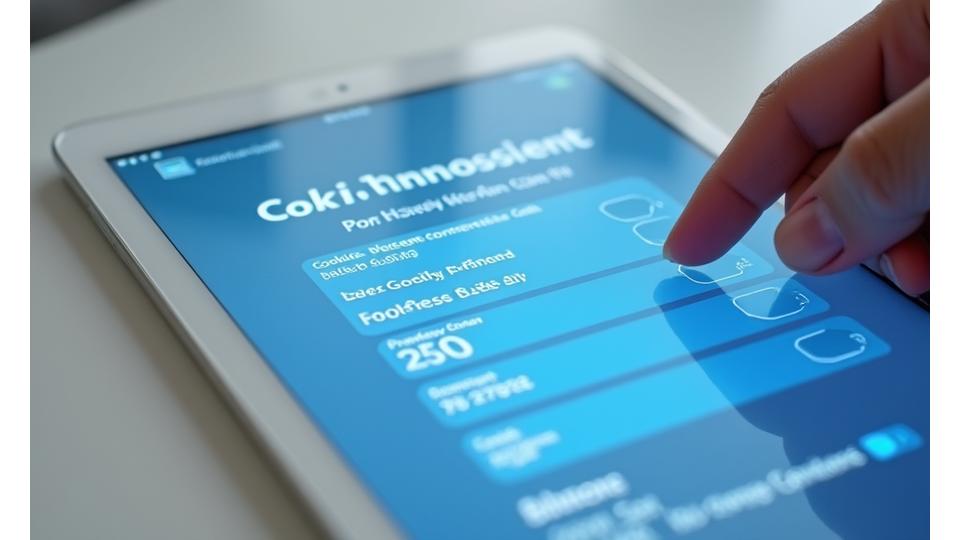 Une interface web pour la gestion des préférences de cookies, avec des toggles de consentement et des icônes de confidentialité, représentant le contrôle utilisateur sur les données.