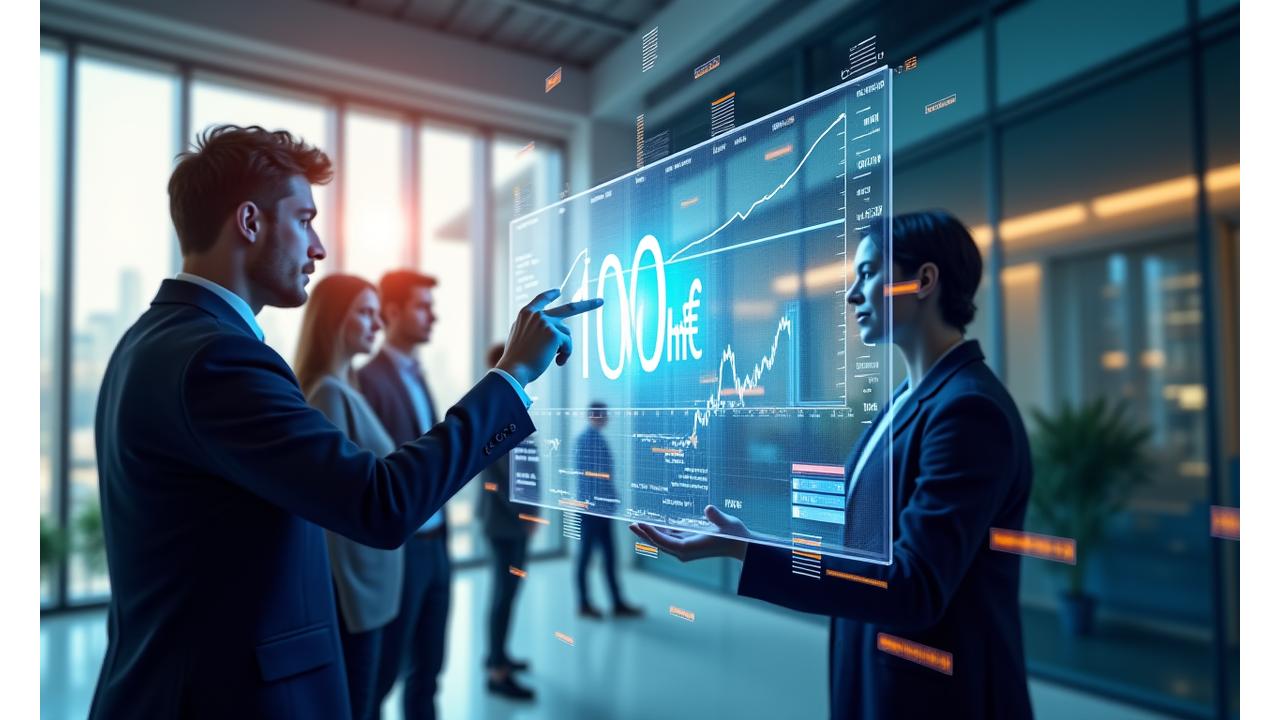 Homme d'affaires analysant des graphiques de croissance avec des symboles financiers en surimpression, représentant l'opportunité des marchés publics.