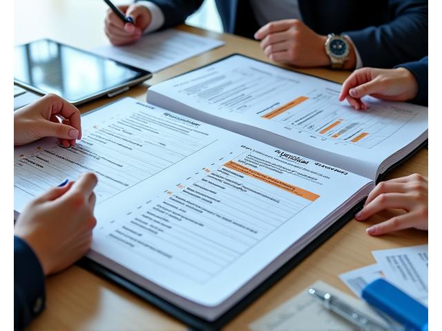 Mains d'experts collaborant sur des documents avec des stylos, des surligneurs et des dossiers ouverts, représentant le processus d'optimisation d'un dossier de réponse à un appel d'offres.