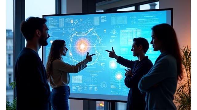 Jeune équipe d'une startup spécialisée en IA célébrant un succès.
