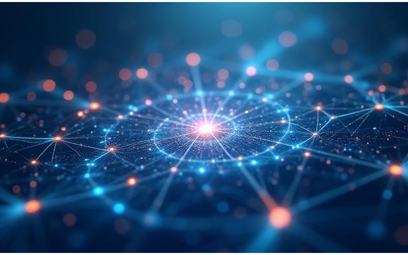 Une toile d'araignée stylisée ou un réseau de connexions lumineuses, symbolisant un écosystème de partenaires interconnectés et diversifiés for Flovence Subventions.
