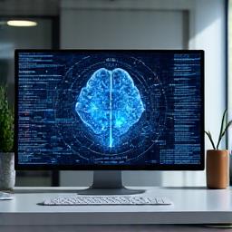 Un ordinateur avec des lignes de codes sur l'écran et des graphiques, représentant une startup d'IA.