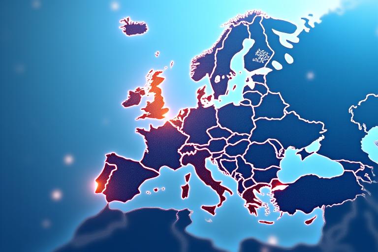 Carte stylisée de l'Europe avec des points lumineux indiquant les pôles d'innovation et les opportunités de financement, mettant en avant le réseautage.