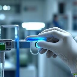 Un chercheur en laboratoire manipulant un dispositif médical de pointe, représentant une MedTech.