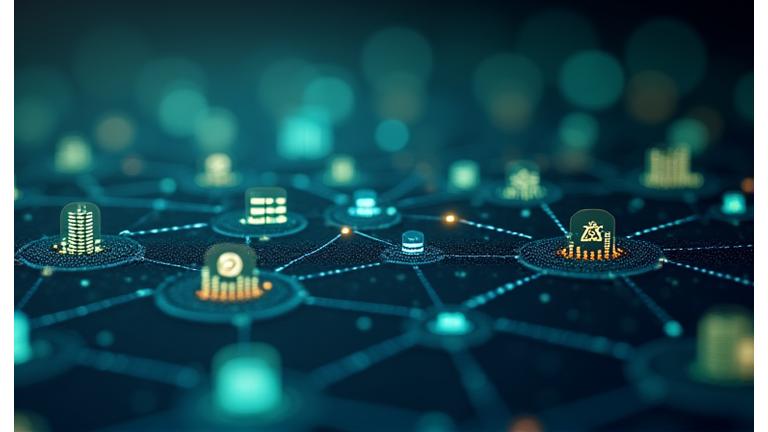 Réseau interconnecté de logos d'entreprises représentatifs de différents secteurs tech (IA, biotech, fintech) avec des flèches symbolisant les flux de financement.