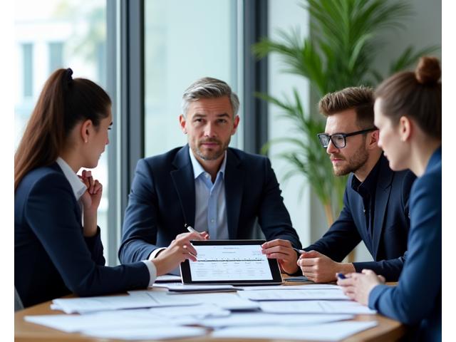 Une équipe de professionnels en réunion, entourée de documents financiers et d'écrans affichant des données, symbolisant la préparation et l'accompagnement aux contrôles de conformité.